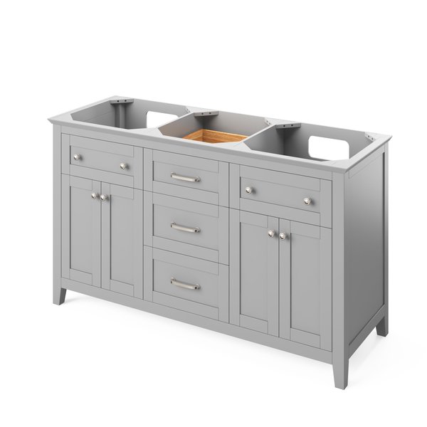 Jeffrey Alexander 60" Grey Chatham Vanity, double bowl, White Carrara Marble Vanity Top, two undermount rectangle bowls VKITCHA60GRWCR
